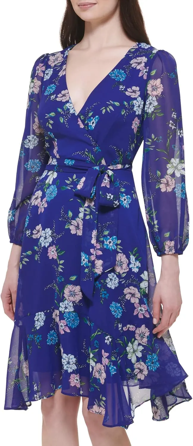 Jessica Howard Women's Floral Chiffon Wrap Mini Dress with Long Sleeves
