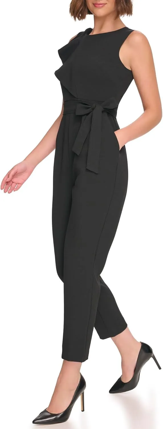 Jessica Howard Womens Rosette Bodice Sleeveless Crew Neck Crepe Jumpsuit