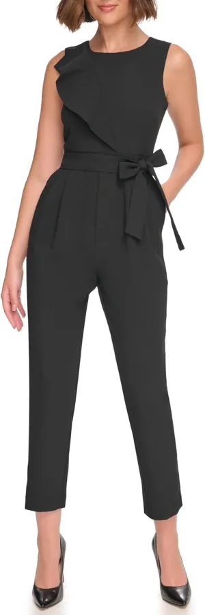 Jessica Howard Womens Rosette Bodice Sleeveless Crew Neck Crepe Jumpsuit