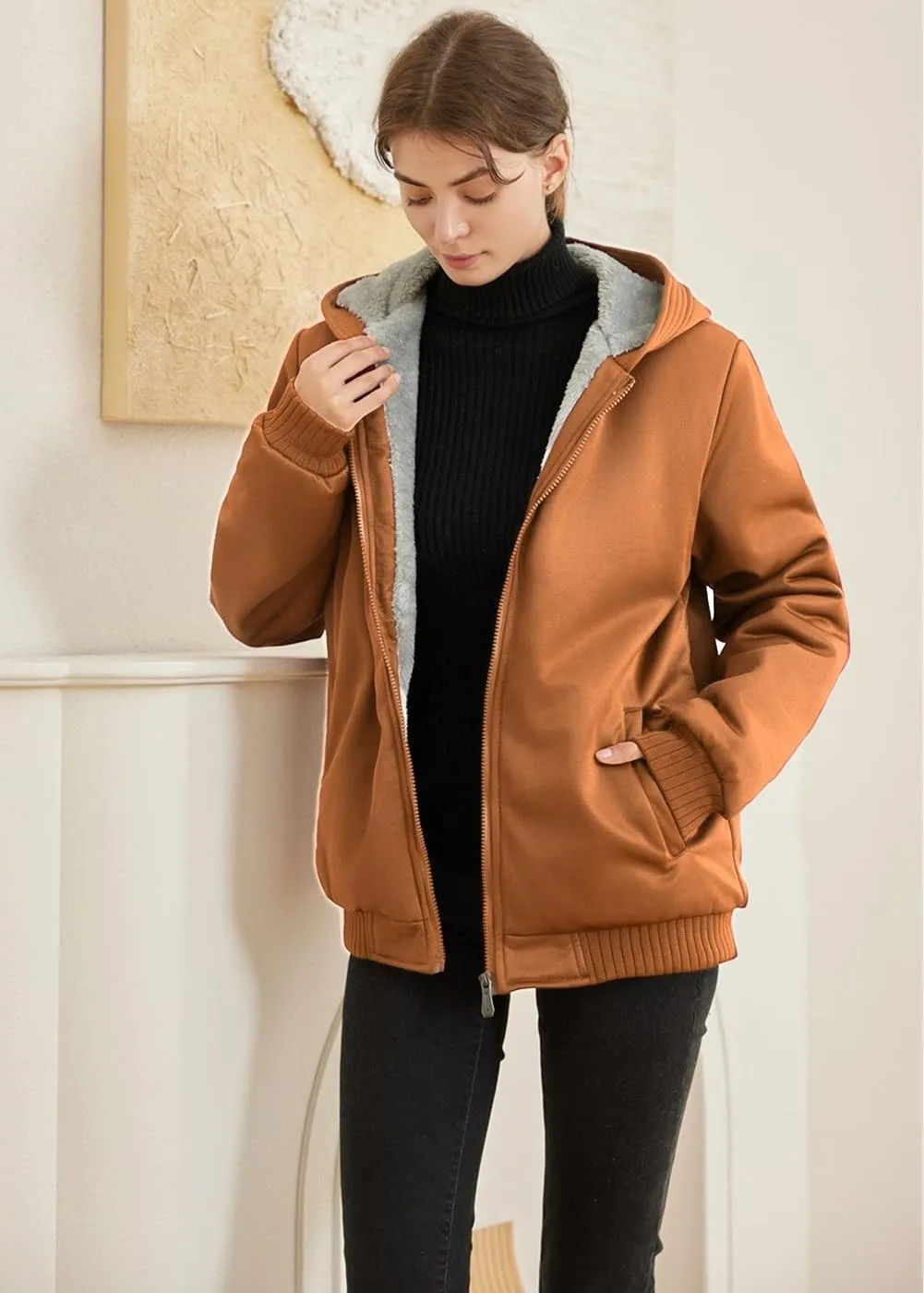JiangWu Womens Fashion Fleece Sherpa Lined Hooded Coat Winter Thicken Warm Jacket