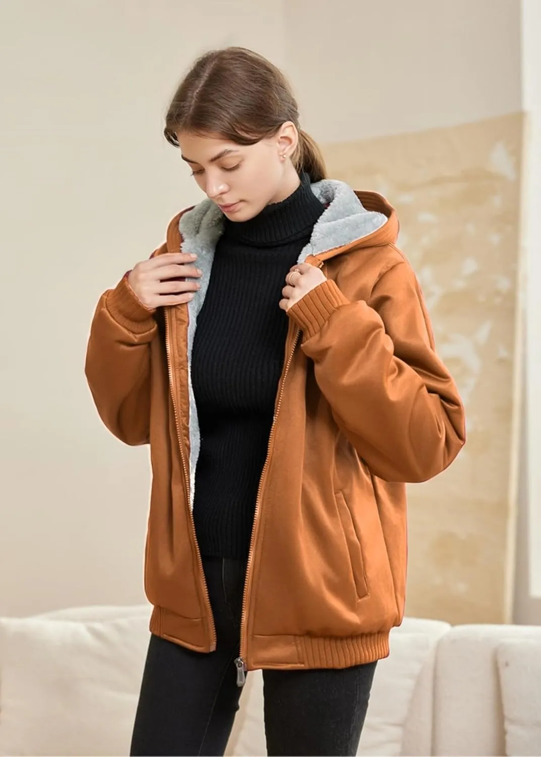 JiangWu Womens Fashion Fleece Sherpa Lined Hooded Coat Winter Thicken Warm Jacket