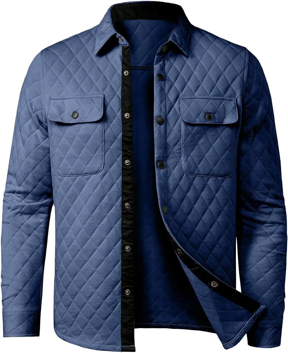 JMIERR Mens Quilted Shirt Jackets Casual Long Sleeve Snap Button Down Shirts with Pockets