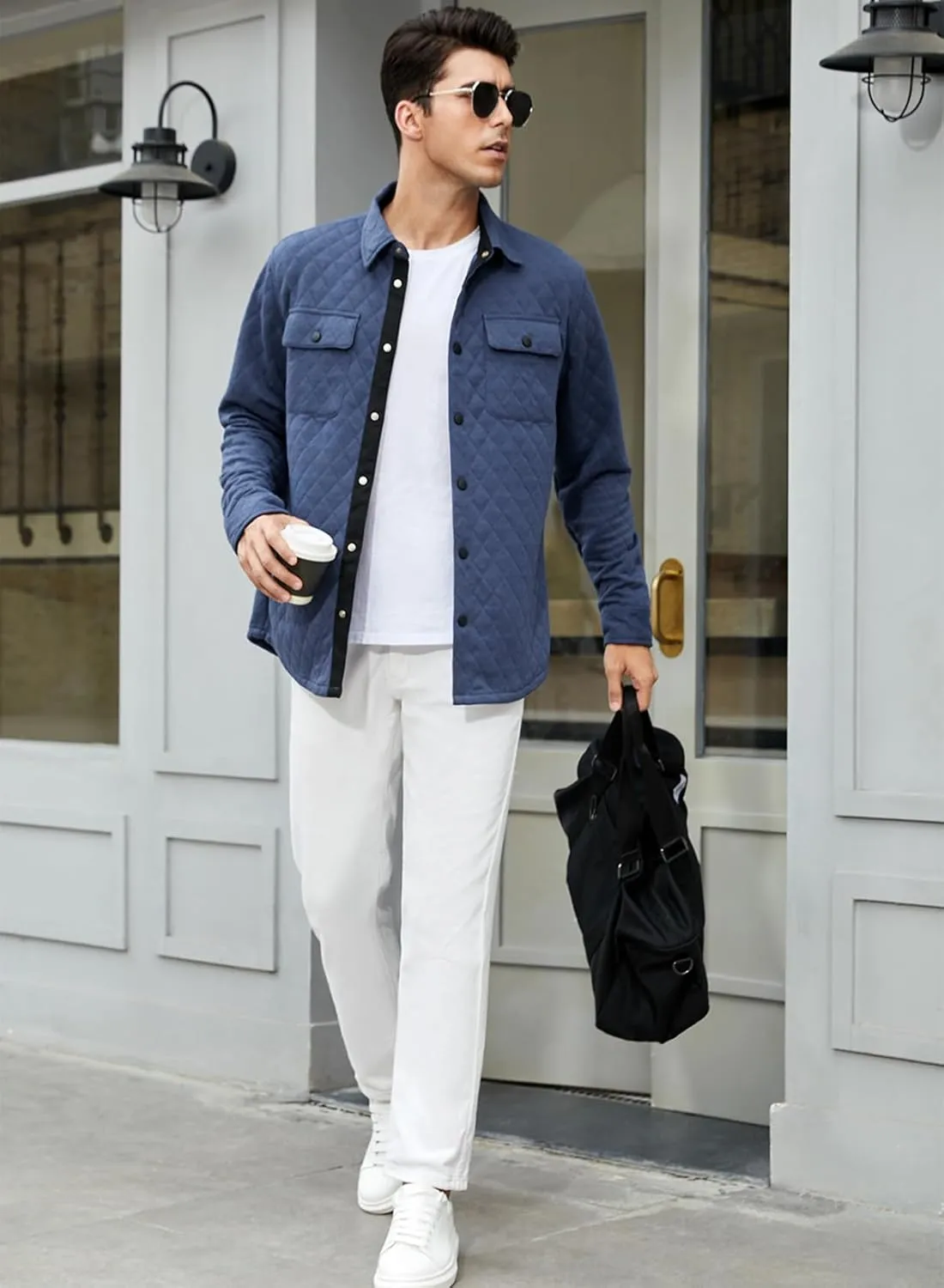 JMIERR Mens Quilted Shirt Jackets Casual Long Sleeve Snap Button Down Shirts with Pockets
