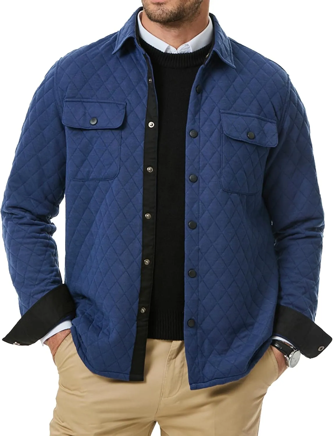 JMIERR Mens Quilted Shirt Jackets Casual Long Sleeve Snap Button Down Shirts with Pockets