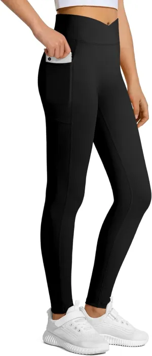 JOCMIC Girls Athletic Leggings Cross High Waist for Kids Yoga Dance Gym Pants with Pocket