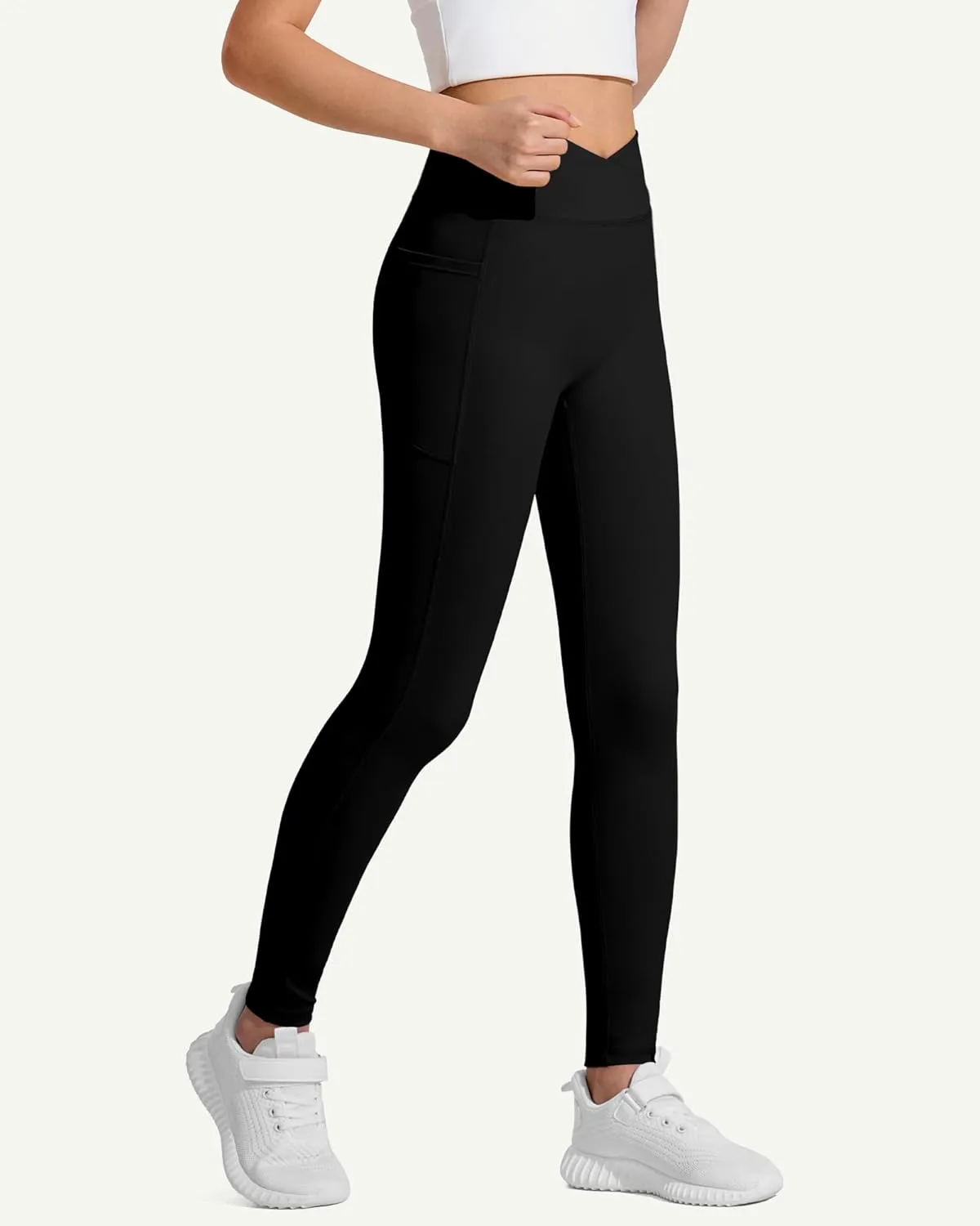 JOCMIC Girls Athletic Leggings Cross High Waist for Kids Yoga Dance Gym Pants with Pocket