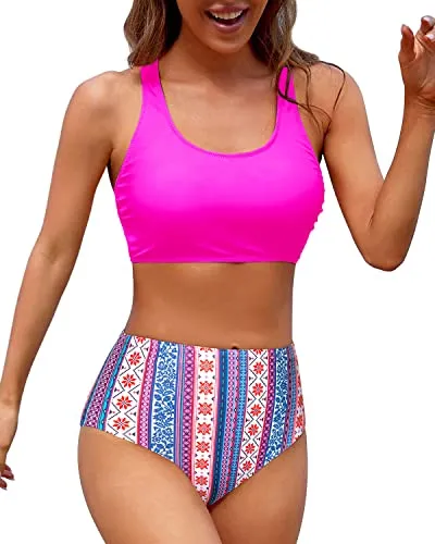 Juniors' High Waisted Two Piece Bikini Set Scoop Neck Sports Crop Swimsuit Top