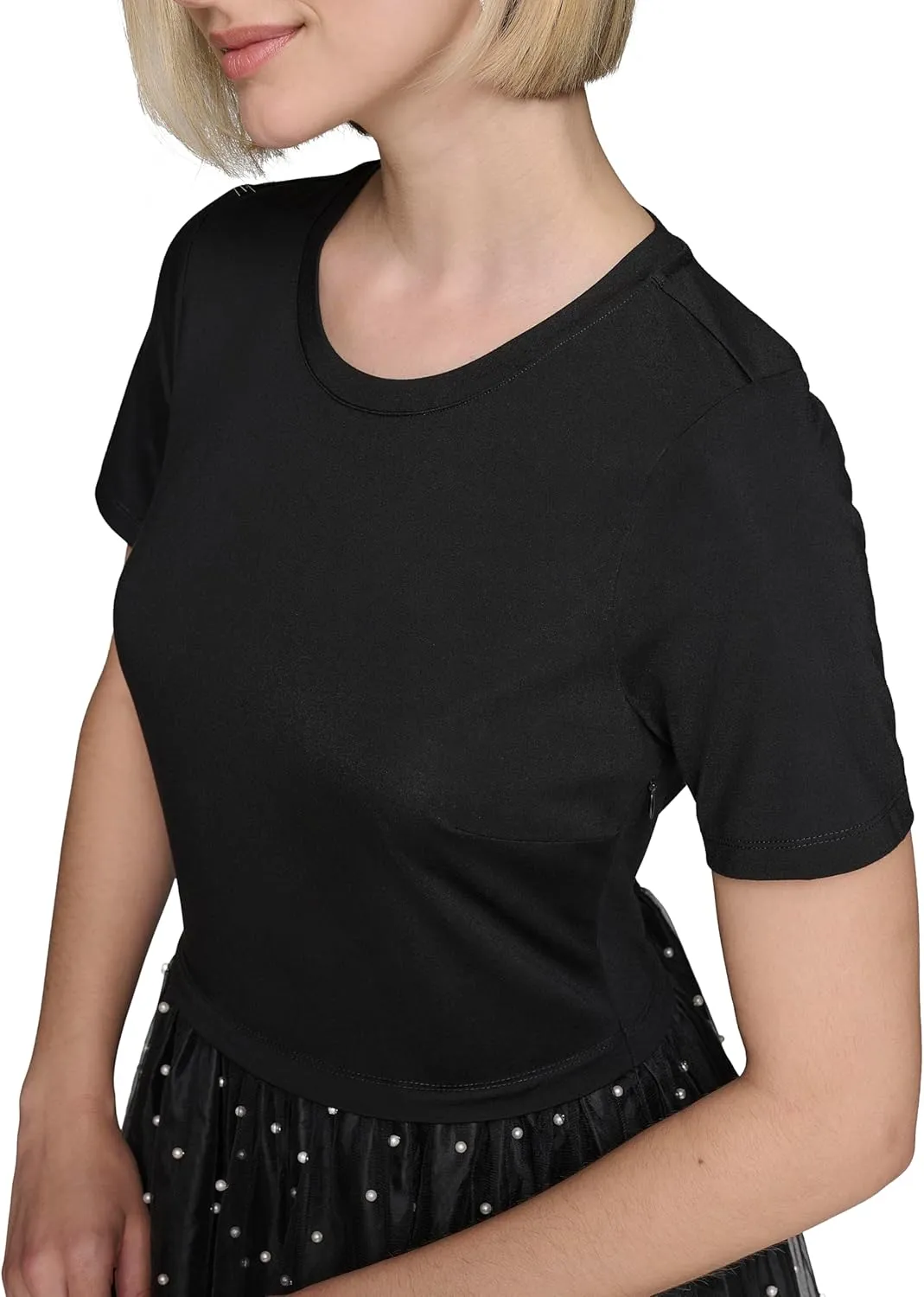Karl Lagerfeld Paris Women's Pearl Mesh Short Sleeve Round Neck Midi Dress