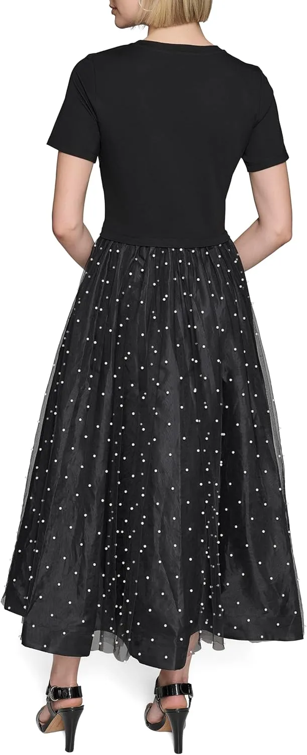 Karl Lagerfeld Paris Women's Pearl Mesh Short Sleeve Round Neck Midi Dress