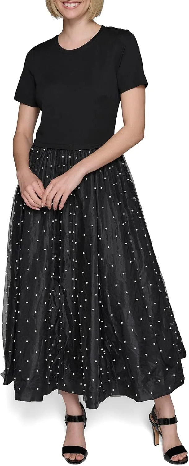 Karl Lagerfeld Paris Women's Pearl Mesh Short Sleeve Round Neck Midi Dress