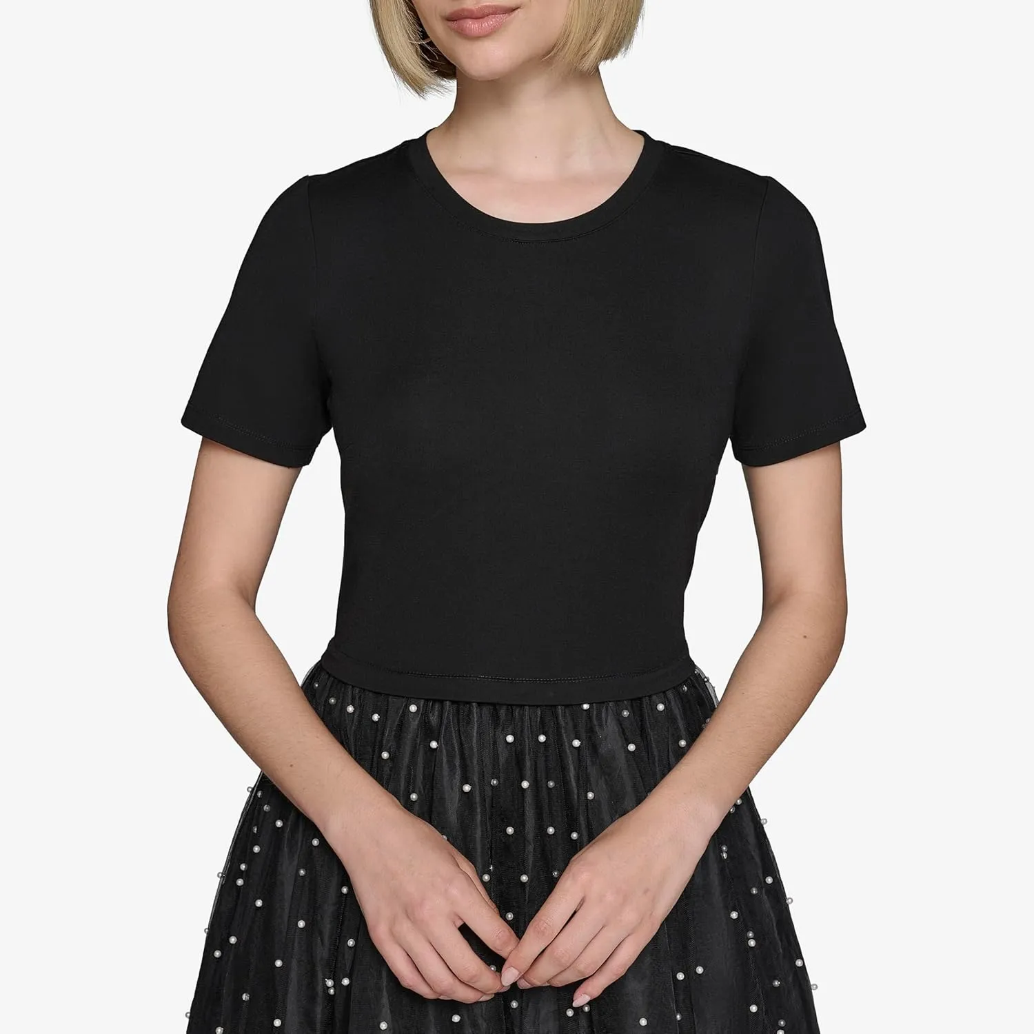 Karl Lagerfeld Paris Women's Pearl Mesh Short Sleeve Round Neck Midi Dress