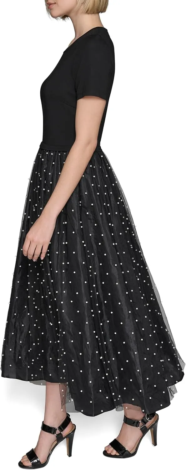 Karl Lagerfeld Paris Women's Pearl Mesh Short Sleeve Round Neck Midi Dress