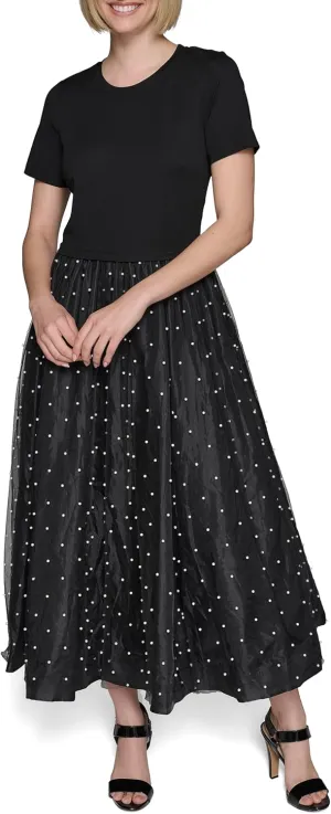 Karl Lagerfeld Paris Women's Pearl Mesh Short Sleeve Round Neck Midi Dress