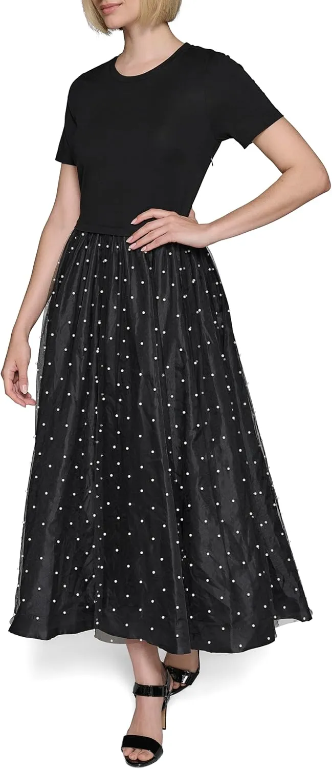 Karl Lagerfeld Paris Women's Pearl Mesh Short Sleeve Round Neck Midi Dress