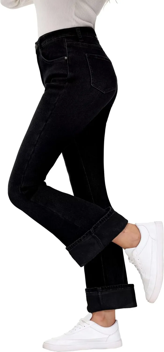 KDF Women's Flare High Waisted Bell Bottom Jeans - Thermal Fleece Lined Winter Warm Pants