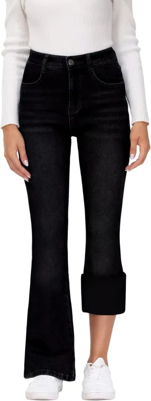 KDF Women's Flare High Waisted Bell Bottom Jeans - Thermal Fleece Lined Winter Warm Pants