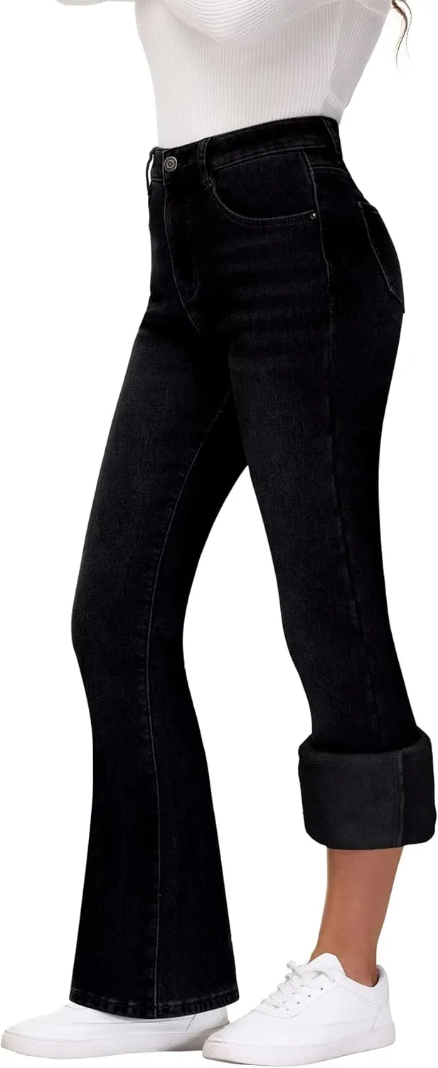 KDF Women's Flare High Waisted Bell Bottom Jeans - Thermal Fleece Lined Winter Warm Pants
