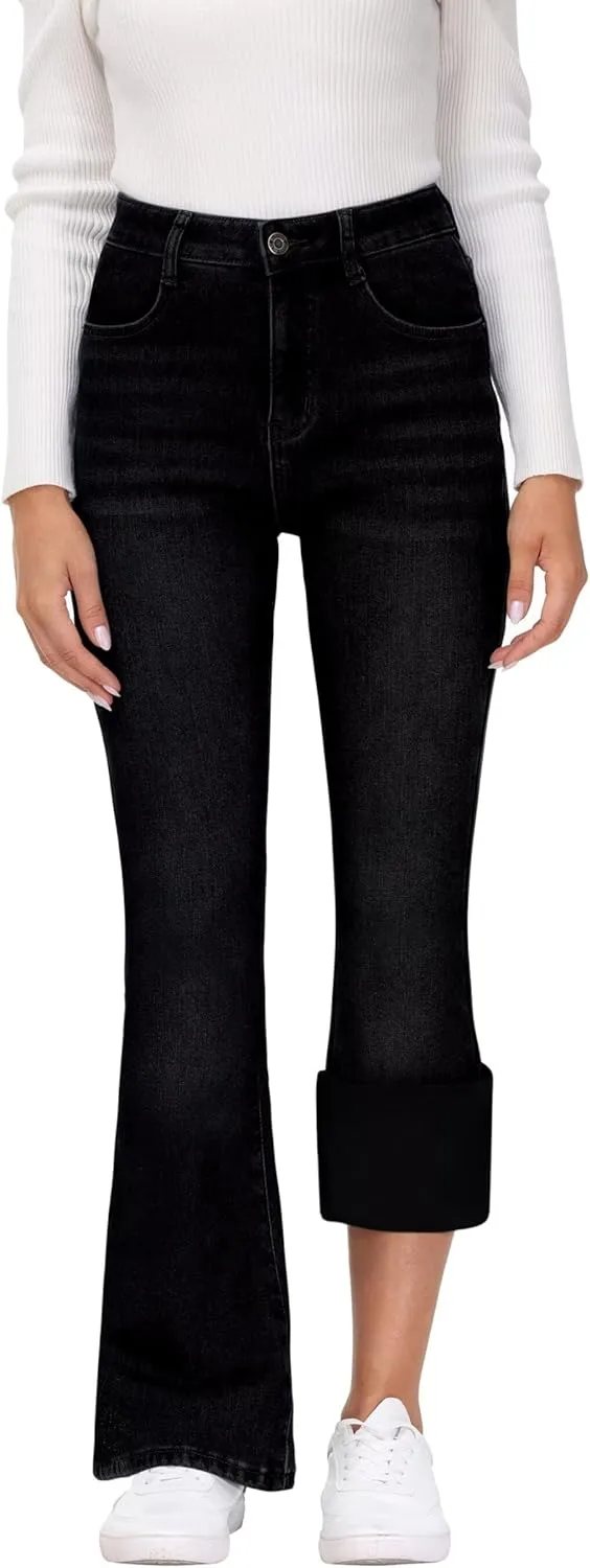 KDF Women's Flare High Waisted Bell Bottom Jeans - Thermal Fleece Lined Winter Warm Pants