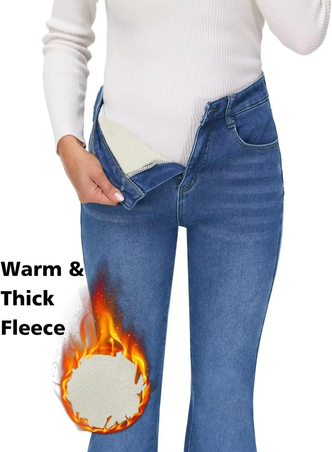 KDF Women's Flare High Waisted Bell Bottom Jeans - Thermal Fleece Lined Winter Warm Pants