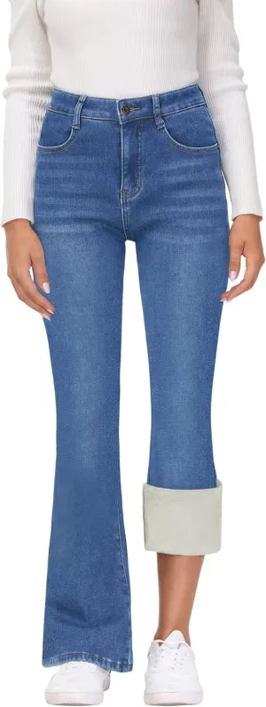 KDF Women's Flare High Waisted Bell Bottom Jeans - Thermal Fleece Lined Winter Warm Pants
