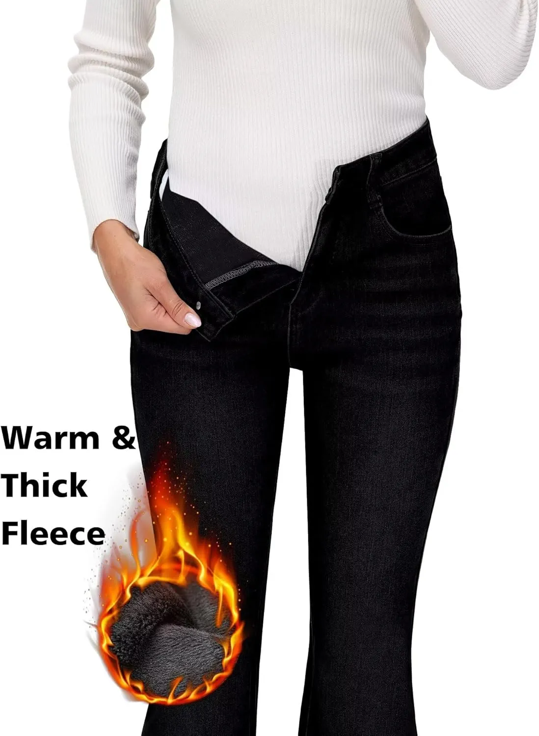 KDF Women's Flare High Waisted Bell Bottom Jeans - Thermal Fleece Lined Winter Warm Pants