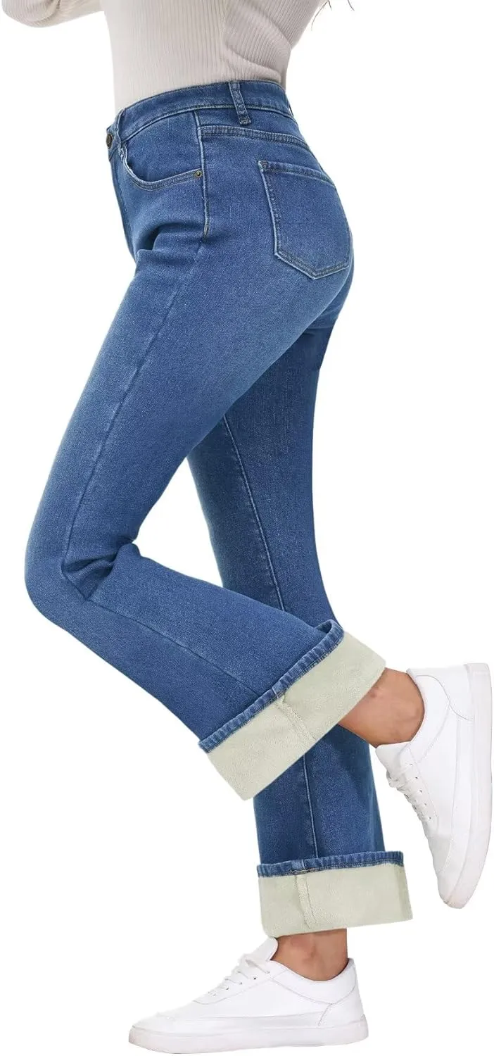 KDF Women's Flare High Waisted Bell Bottom Jeans - Thermal Fleece Lined Winter Warm Pants