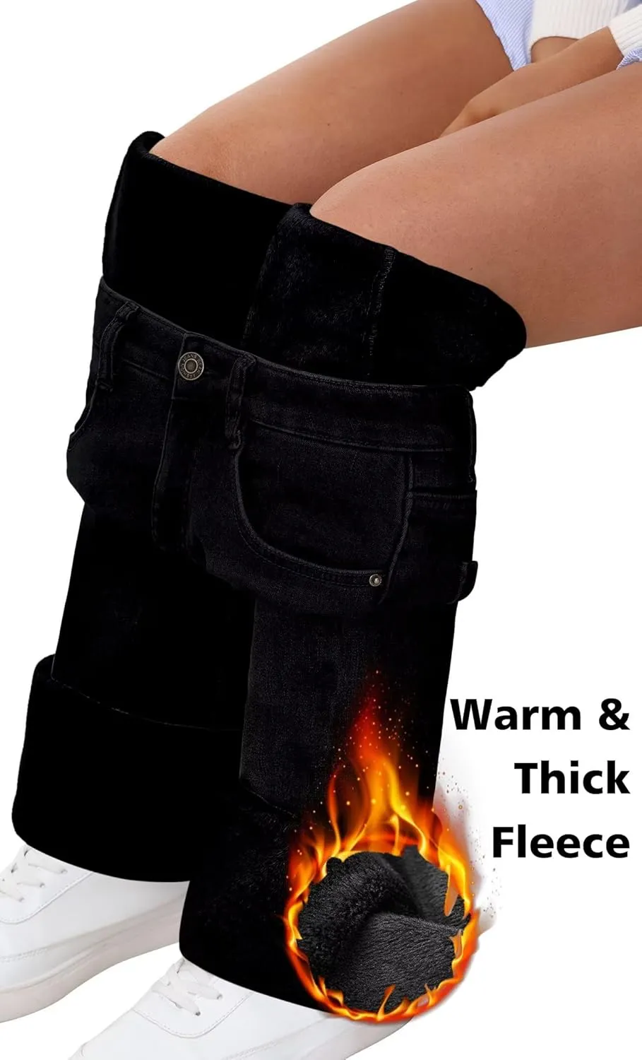 KDF Women's Flare High Waisted Bell Bottom Jeans - Thermal Fleece Lined Winter Warm Pants