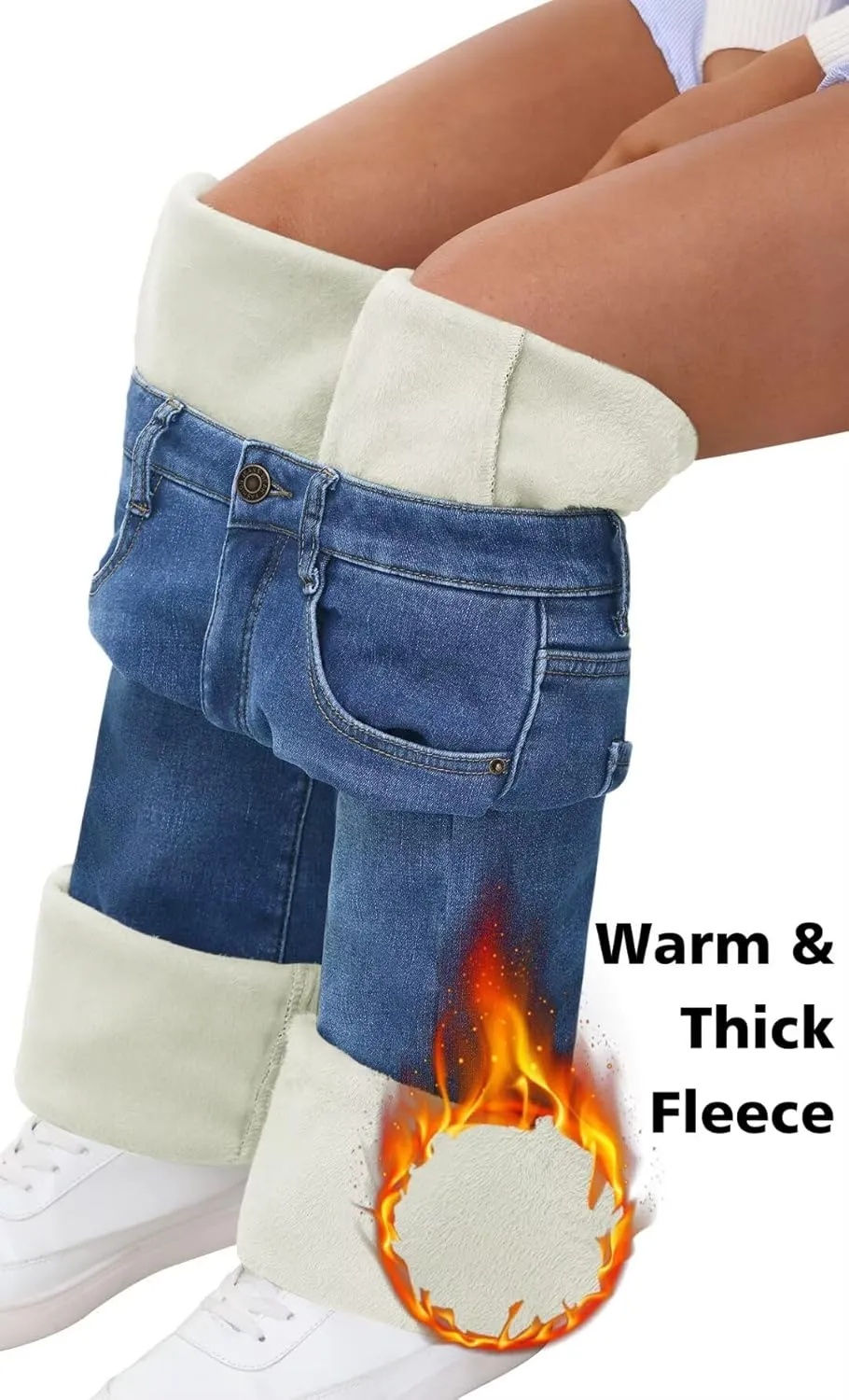 KDF Women's Flare High Waisted Bell Bottom Jeans - Thermal Fleece Lined Winter Warm Pants
