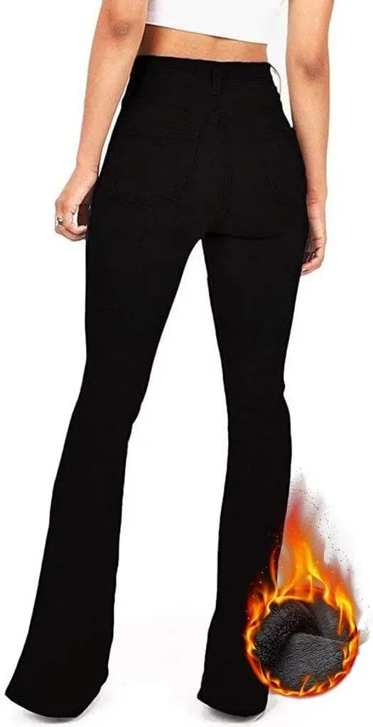 KDF Women's Flare High Waisted Bell Bottom Jeans - Thermal Fleece Lined Winter Warm Pants