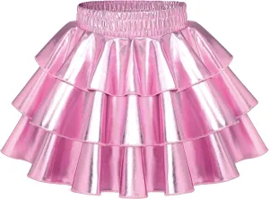 KEREDA Girls Metallic Skirt 3-Layer Ruffle Kids Sparkly Skirt for Girls 6-14 Y