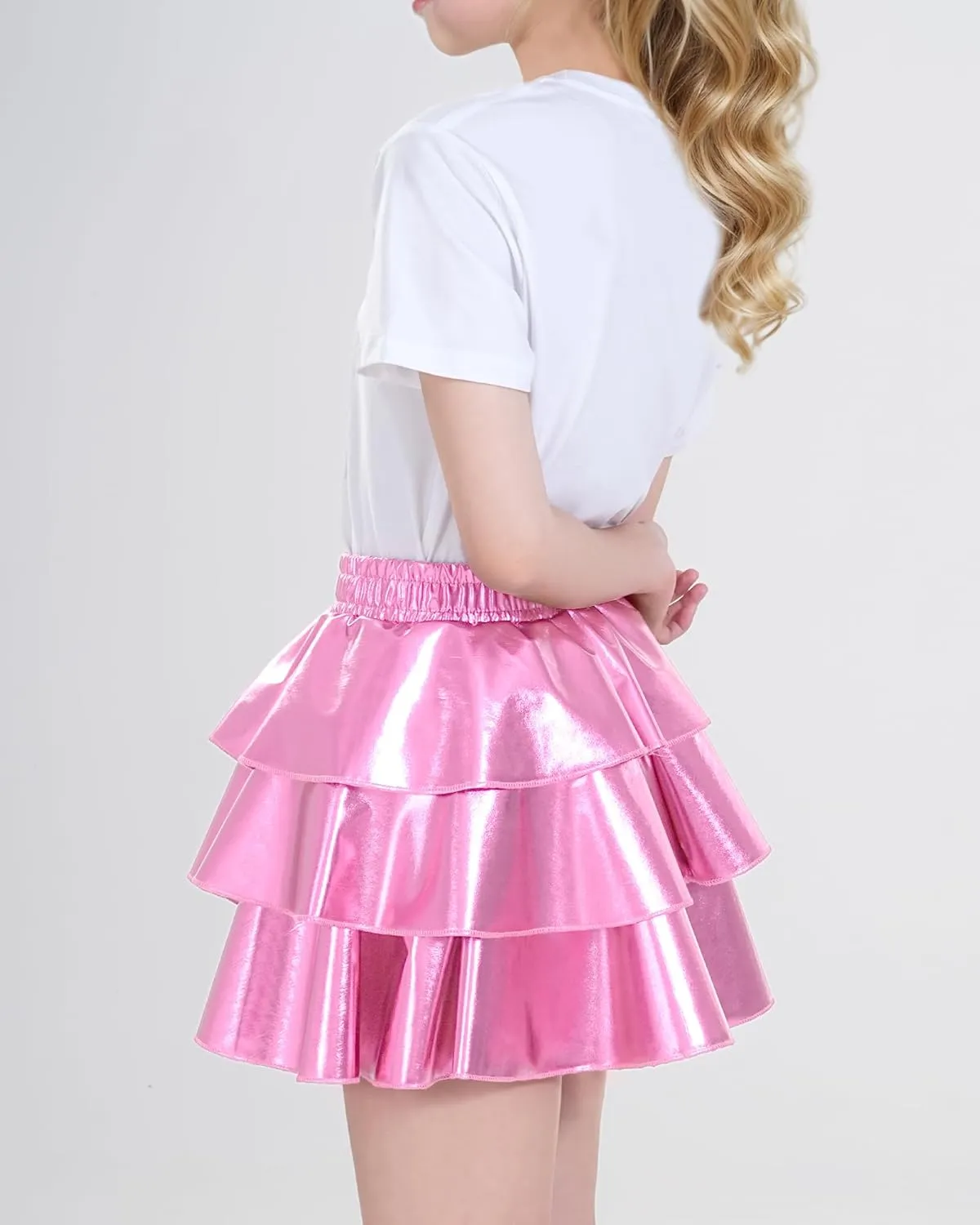 KEREDA Girls Metallic Skirt 3-Layer Ruffle Kids Sparkly Skirt for Girls 6-14 Y