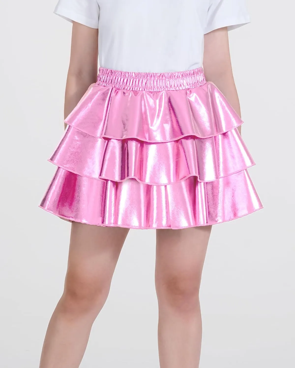 KEREDA Girls Metallic Skirt 3-Layer Ruffle Kids Sparkly Skirt for Girls 6-14 Y