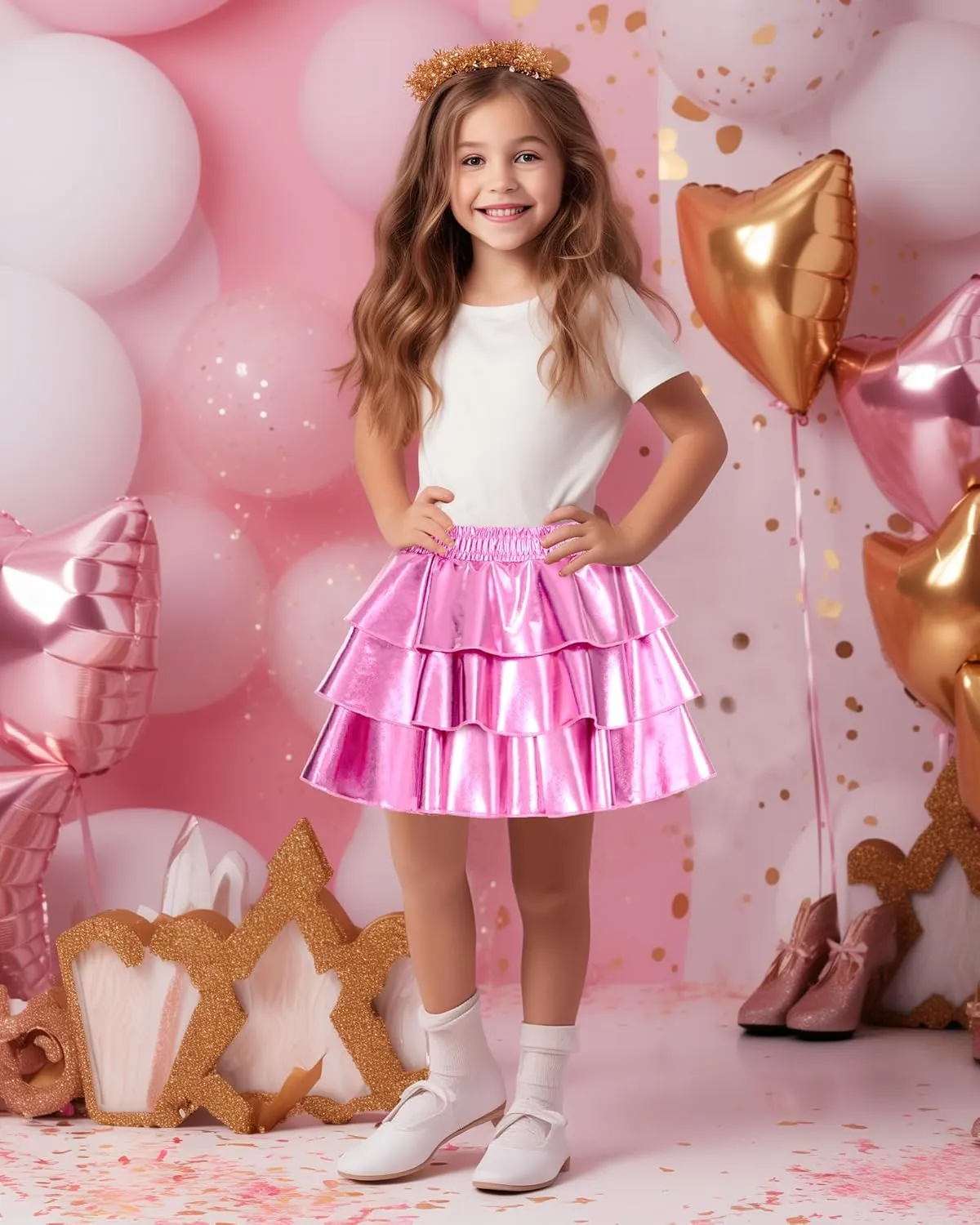 KEREDA Girls Metallic Skirt 3-Layer Ruffle Kids Sparkly Skirt for Girls 6-14 Y
