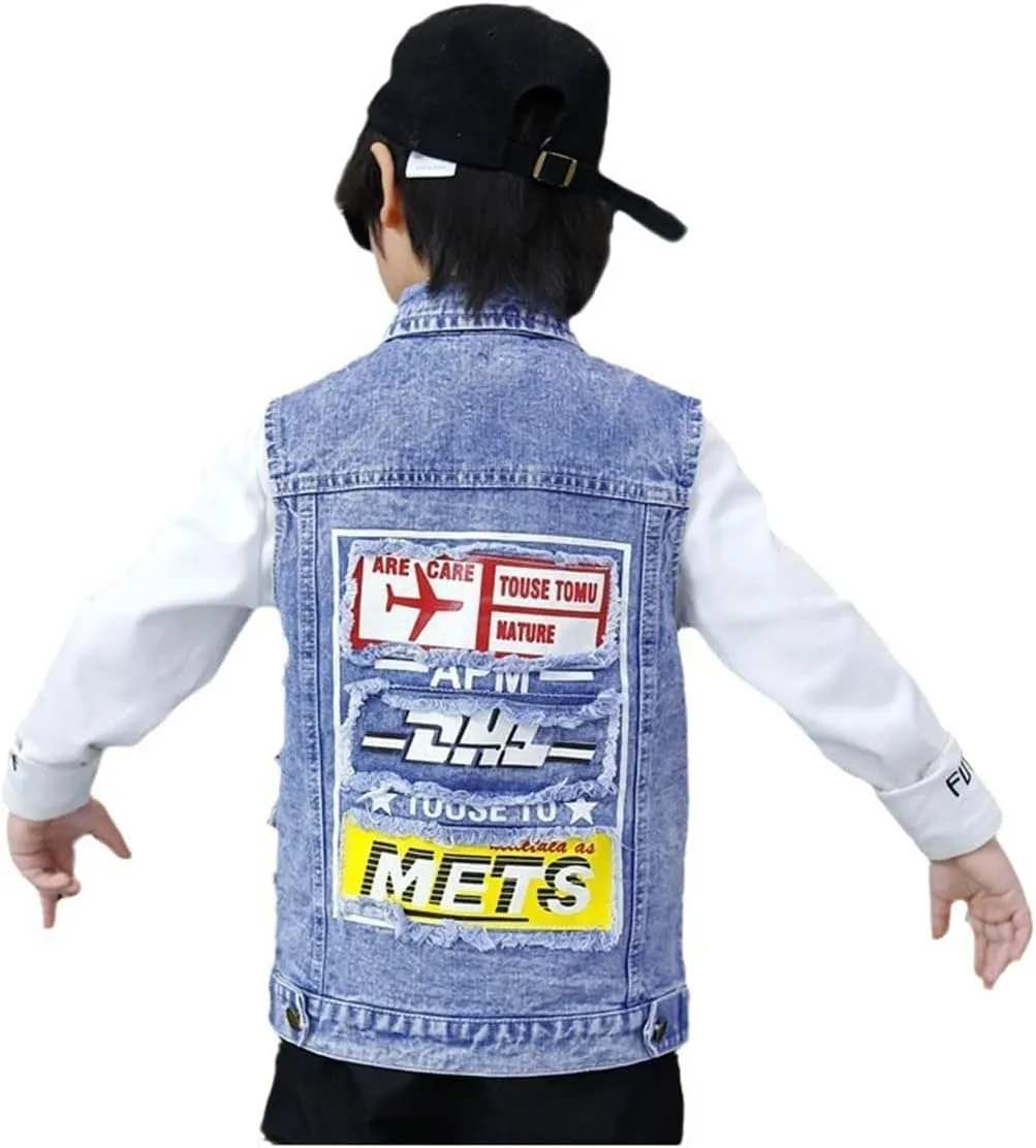 Kids Boys Fashion Sleeveless Denim Jacket Vest Black Blue Denim Motorcycle Biker Jean Vest Coat Age 3-14 Years