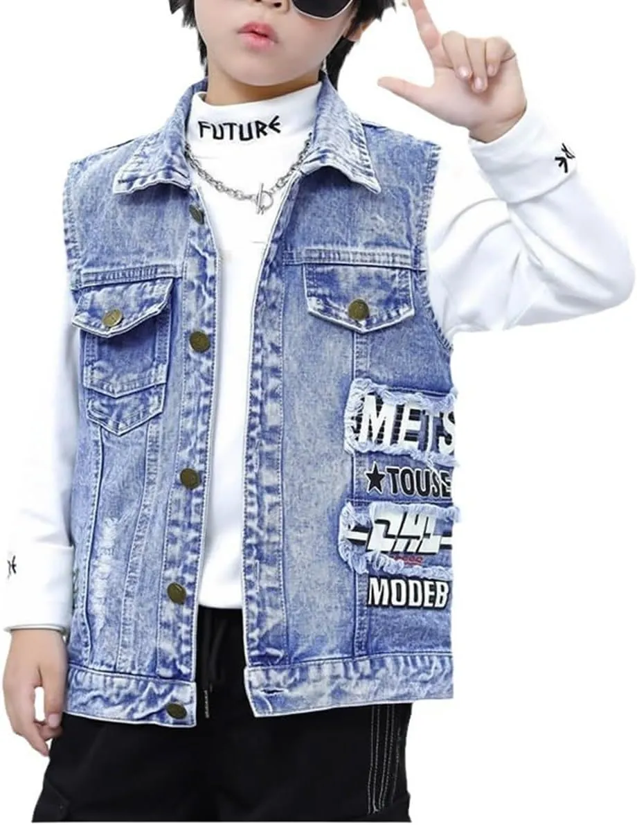 Kids Boys Fashion Sleeveless Denim Jacket Vest Black Blue Denim Motorcycle Biker Jean Vest Coat Age 3-14 Years