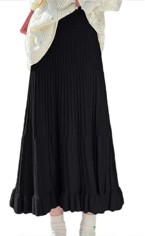 Knitted Skirt for Women Stretch High Waist Fall Winter Pleated Midi Skirt