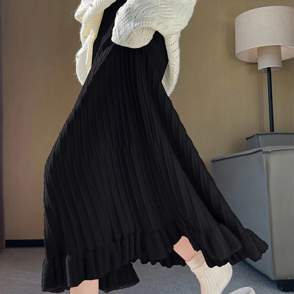 Knitted Skirt for Women Stretch High Waist Fall Winter Pleated Midi Skirt