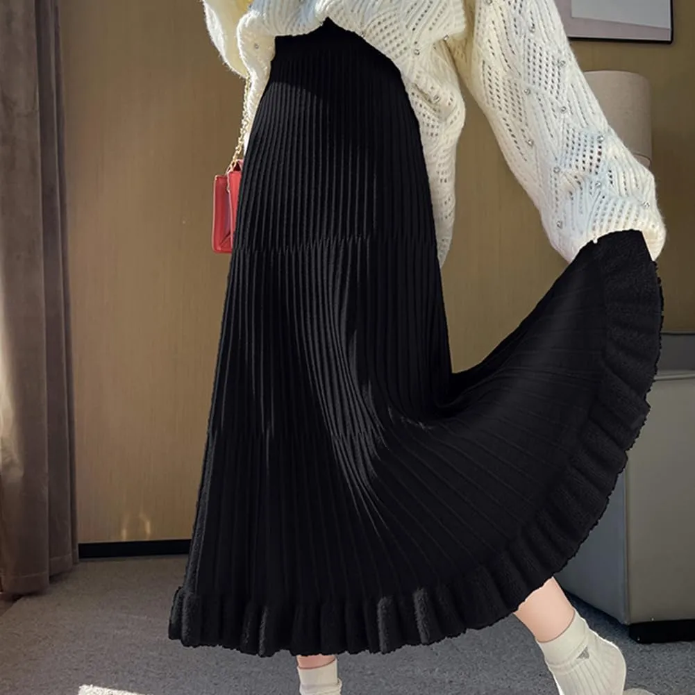 Knitted Skirt for Women Stretch High Waist Fall Winter Pleated Midi Skirt