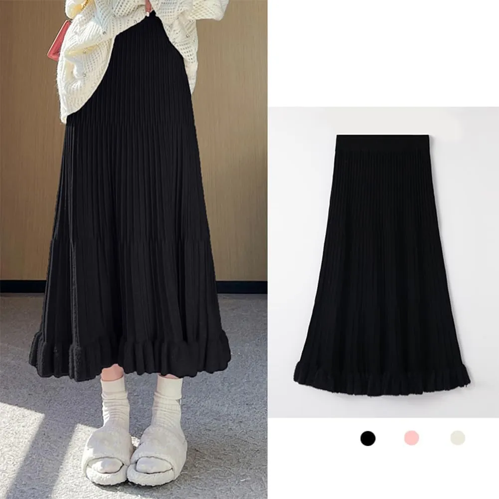 Knitted Skirt for Women Stretch High Waist Fall Winter Pleated Midi Skirt