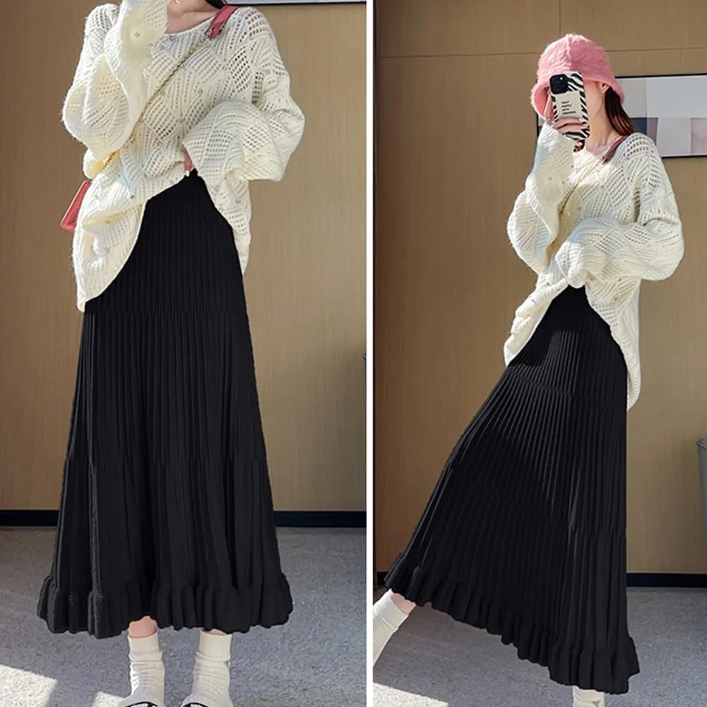 Knitted Skirt for Women Stretch High Waist Fall Winter Pleated Midi Skirt