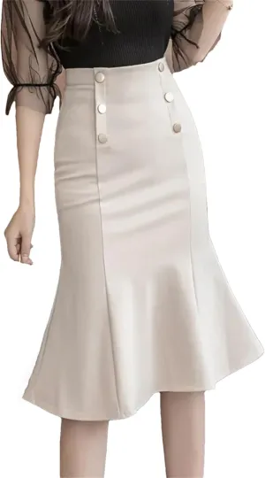 Korean High Waist Black Midi Skirt Women Clothes Button Party Red Skirt