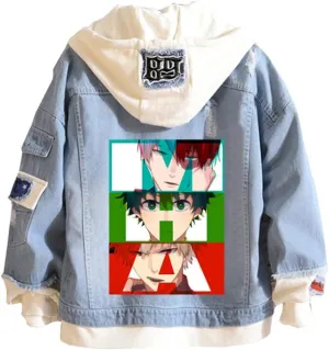 Kvikci Anime Jacket Cosplay Hooded Sweatshirt Men Fake Two Jeans Jacket Coat