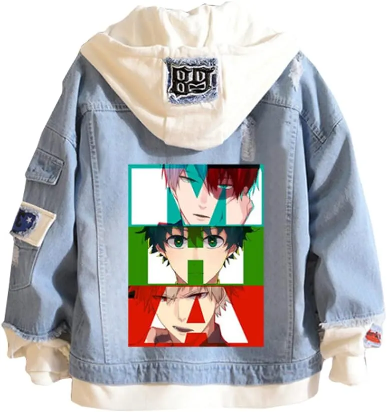 Kvikci Anime Jacket Cosplay Hooded Sweatshirt Men Fake Two Jeans Jacket Coat