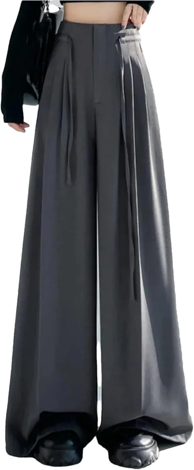 Lace-Up Loose Women's Wide Leg Full Length Pants High Waist Solid Female Straight Casual Trousers