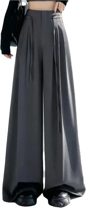 Lace-Up Loose Women's Wide Leg Full Length Pants High Waist Solid Female Straight Casual Trousers