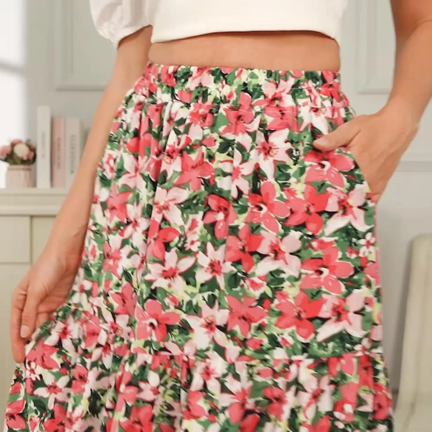 Ladies Elastic Waist High Waist Skirt Spring Summer and Autumn Pocket Casual Pleated Skirt
