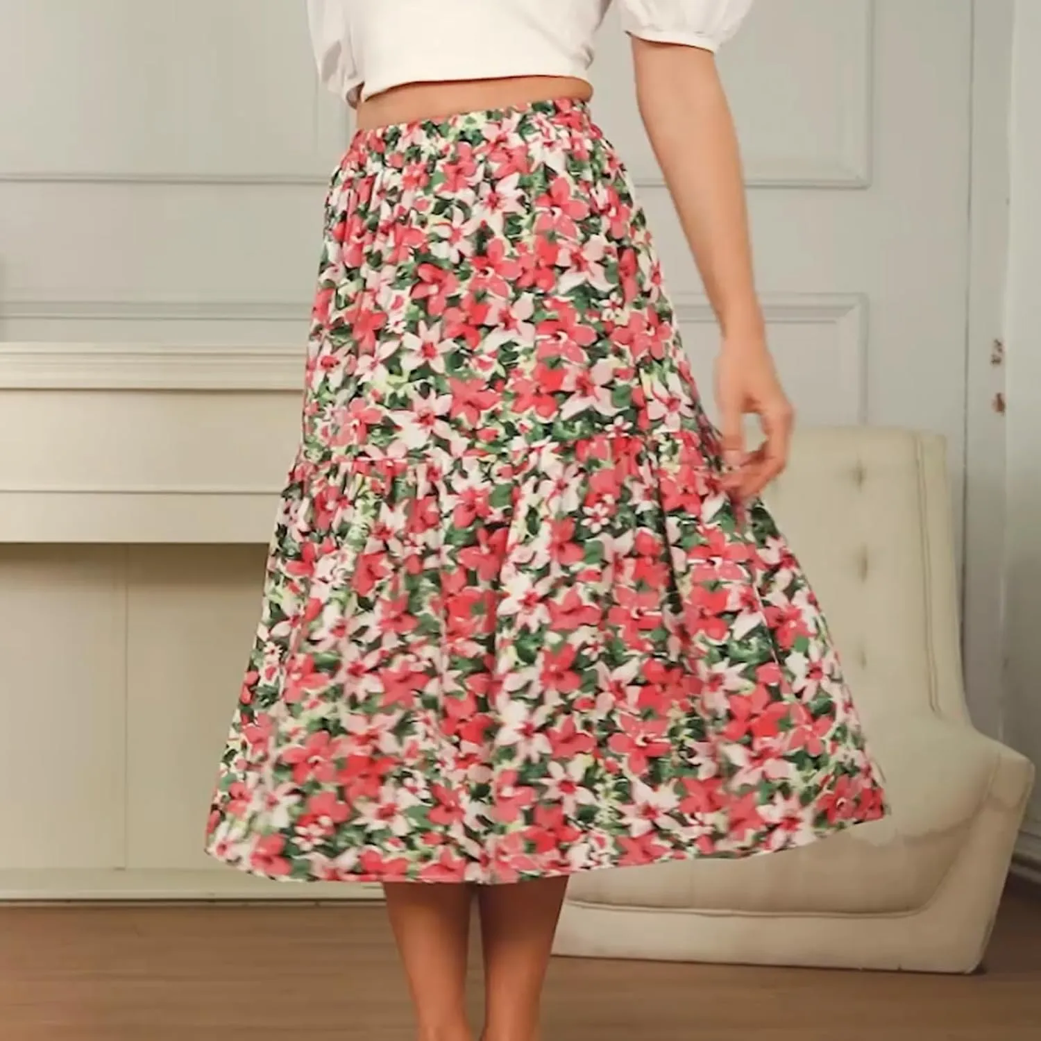Ladies Elastic Waist High Waist Skirt Spring Summer and Autumn Pocket Casual Pleated Skirt
