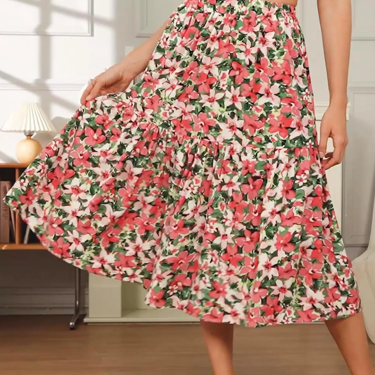 Ladies Elastic Waist High Waist Skirt Spring Summer and Autumn Pocket Casual Pleated Skirt