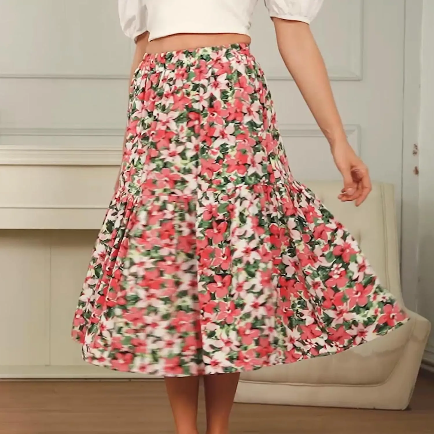 Ladies Elastic Waist High Waist Skirt Spring Summer and Autumn Pocket Casual Pleated Skirt