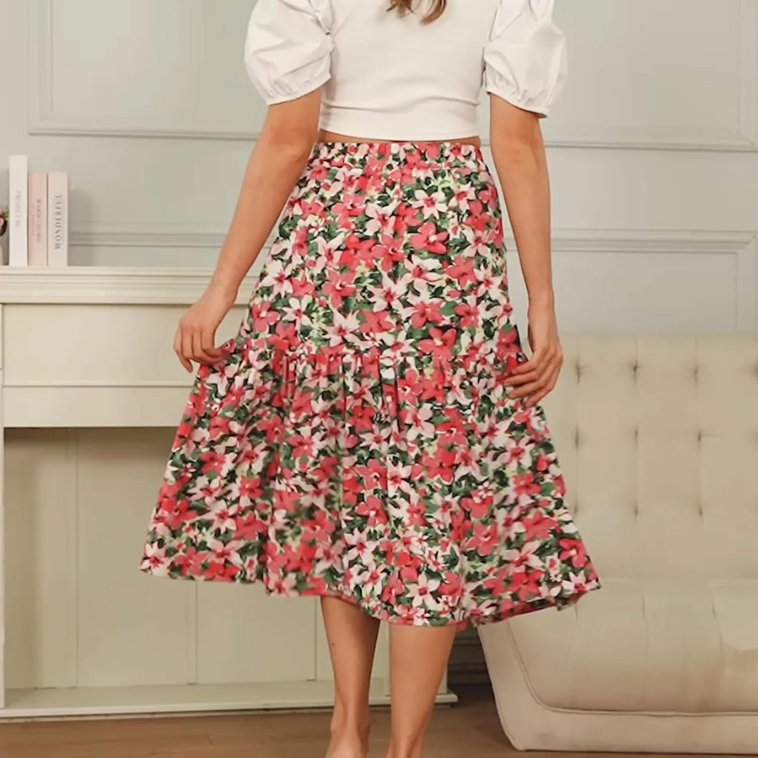 Ladies Elastic Waist High Waist Skirt Spring Summer and Autumn Pocket Casual Pleated Skirt